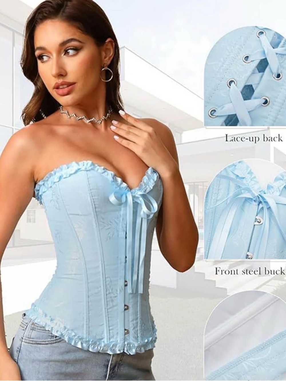 Light Blue Strapless Lace-Up Corset Top